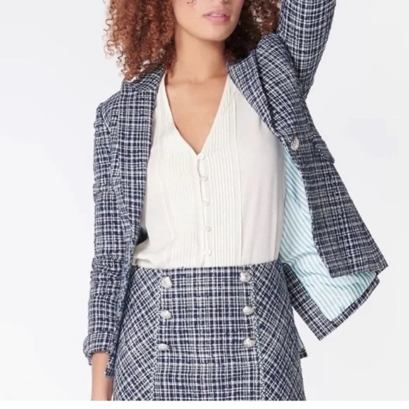 Veronica Beard Navy Blue Tweed Cutaway Dickey Jacket Blazer - Picture 4 of 13